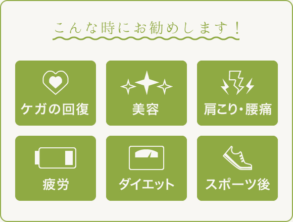 こんな時にお勧めします！けがの回復、美容、肩こり・腰痛、疲労、ダイエット、スポーツ後